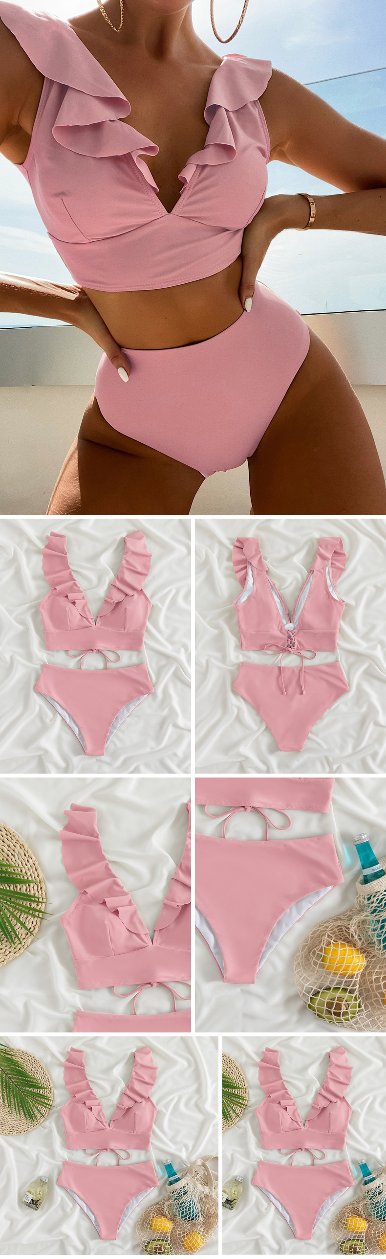 Ruffled Shoulder Deep V-Neck High-Waist Bikini Set view 8