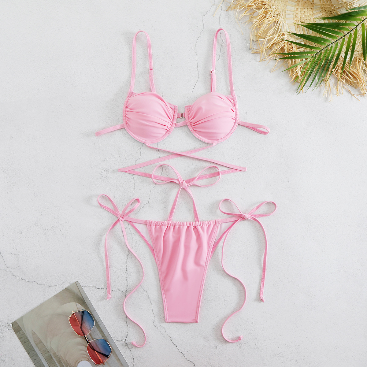 Strappy Ruched Bikini Set with Tie-side Thong view 11