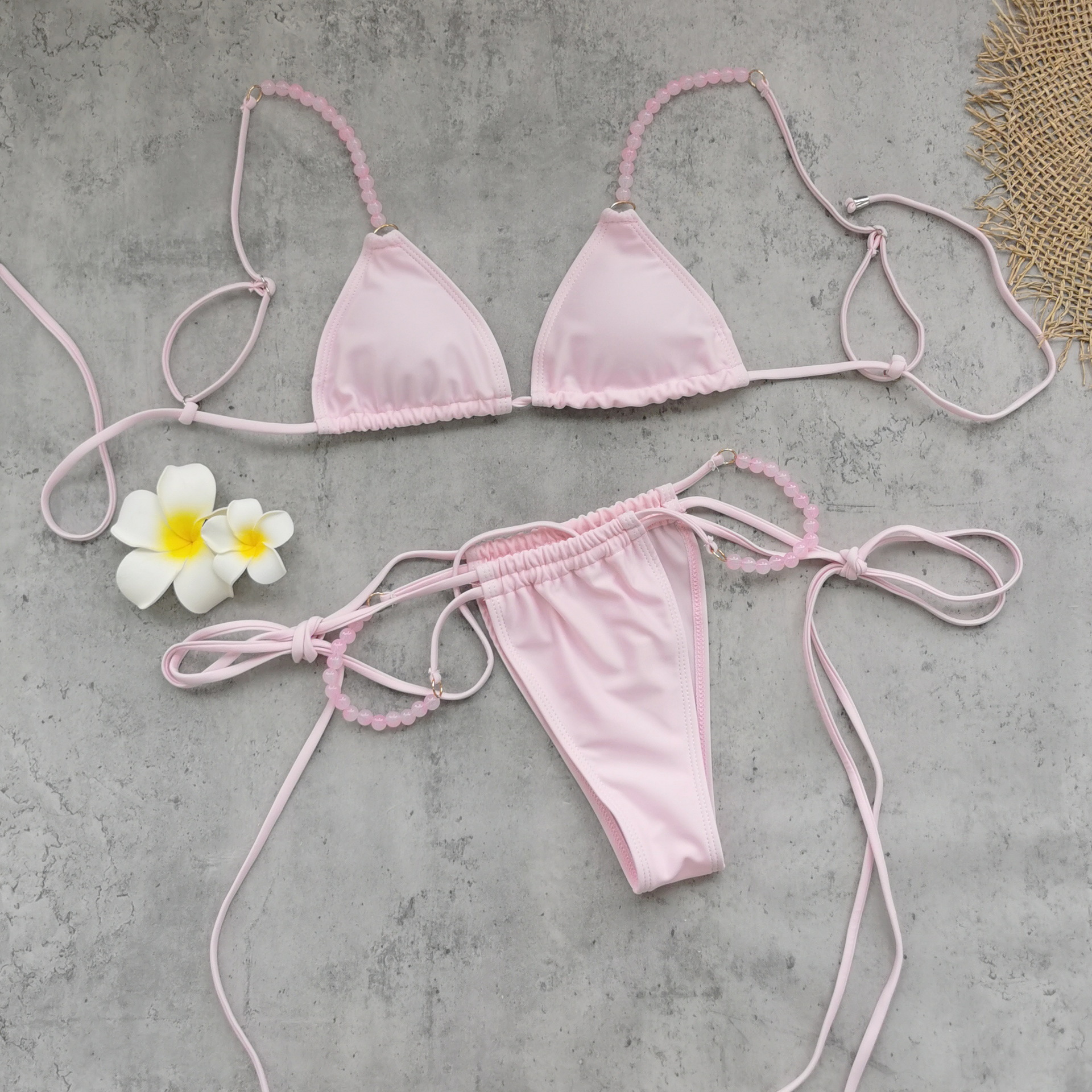Light Pink Triangle Bikini Set with Beaded Halter Straps and Side Tie Bottoms