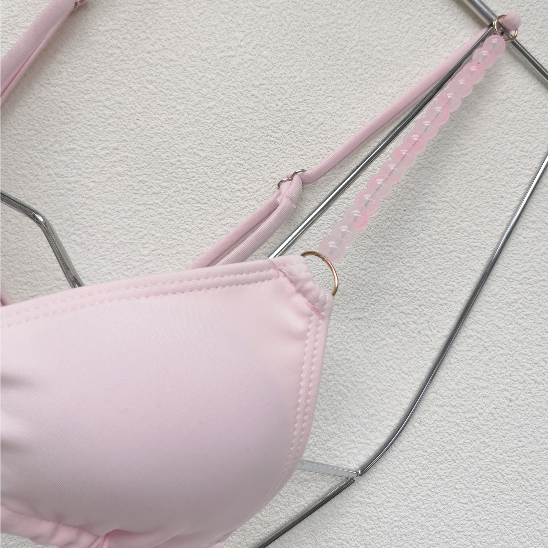 Light Pink Triangle Bikini Set with Beaded Halter Straps and Side Tie Bottoms