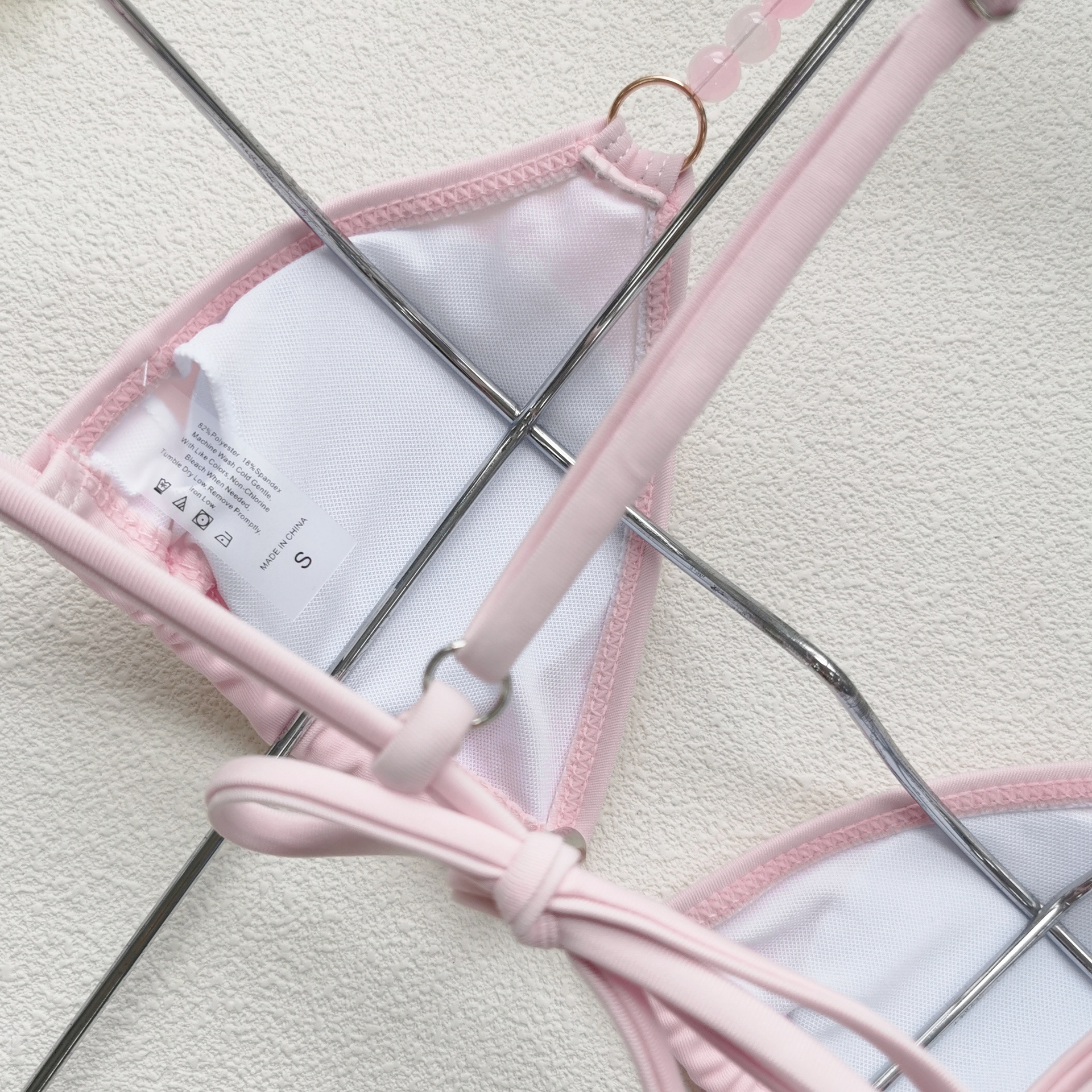 Light Pink Triangle Bikini Set with Beaded Halter Straps and Side Tie Bottoms