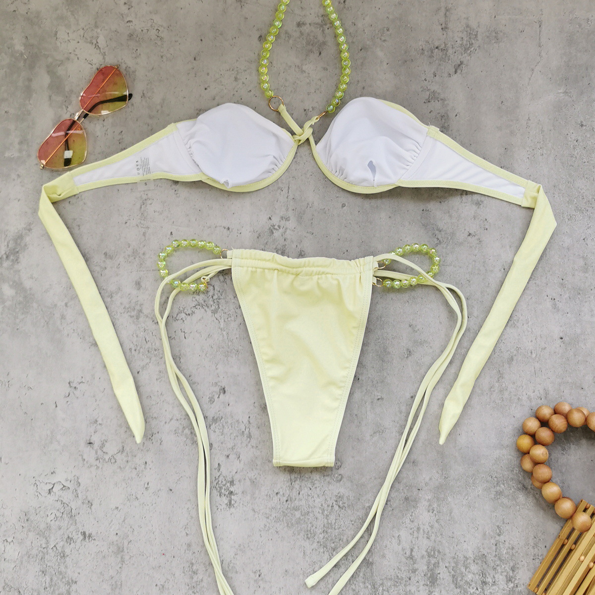 Pale Yellow Beaded Halter Underwire Bikini Set