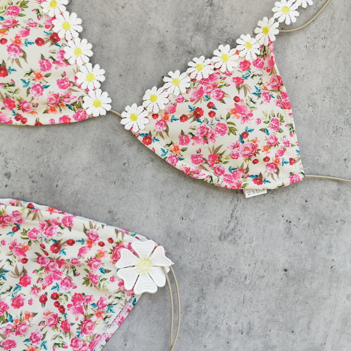 Pink Floral Daisy Lace Trim Triangle Bikini with Tie-Side Bottoms