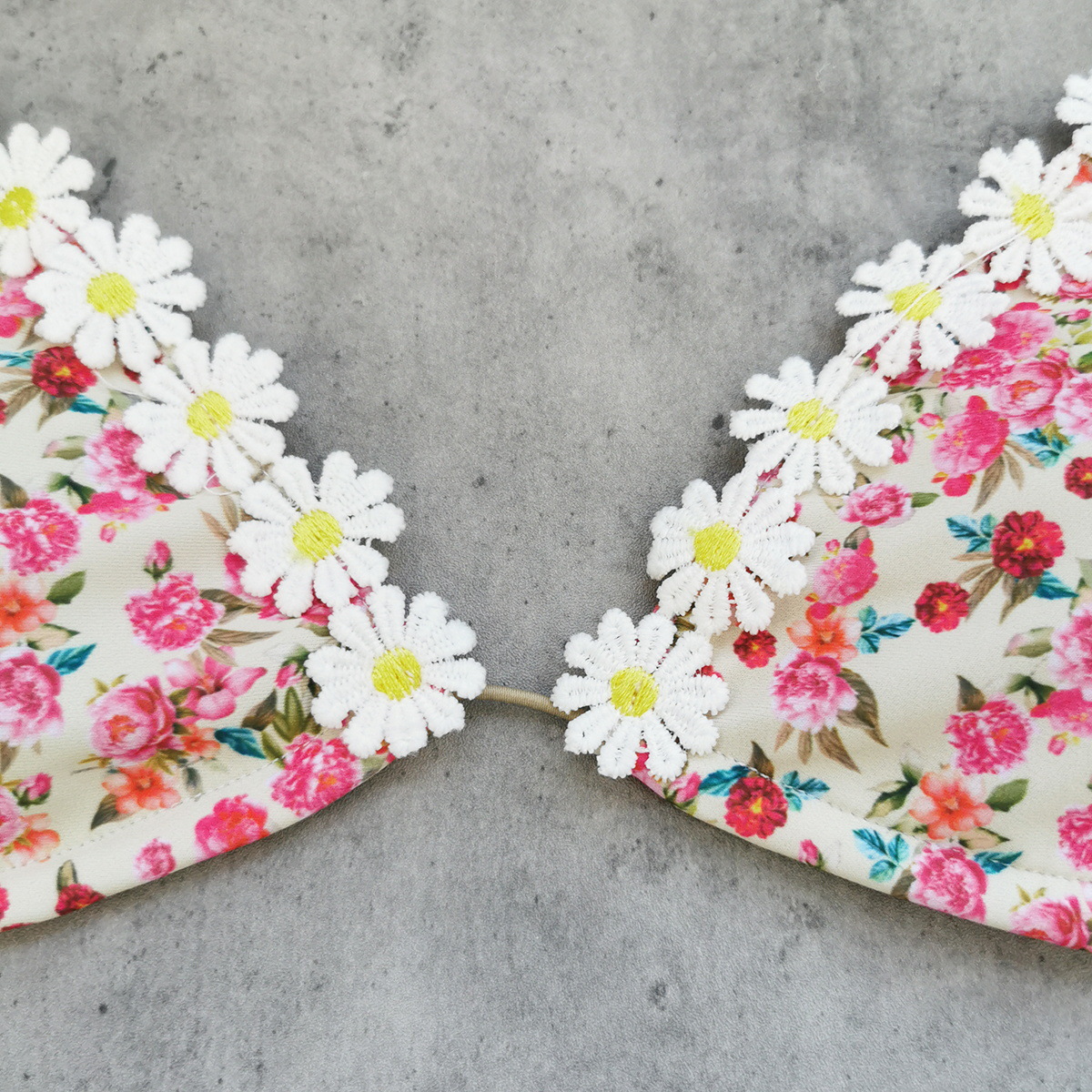 Pink Floral Daisy Lace Trim Triangle Bikini with Tie-Side Bottoms