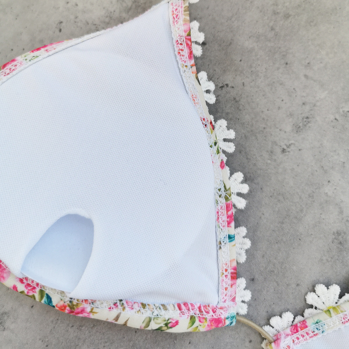 Pink Floral Daisy Lace Trim Triangle Bikini with Tie-Side Bottoms
