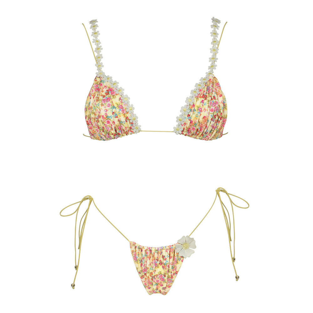 Pink Floral Daisy Lace Trim Triangle Bikini with Tie-Side Bottoms