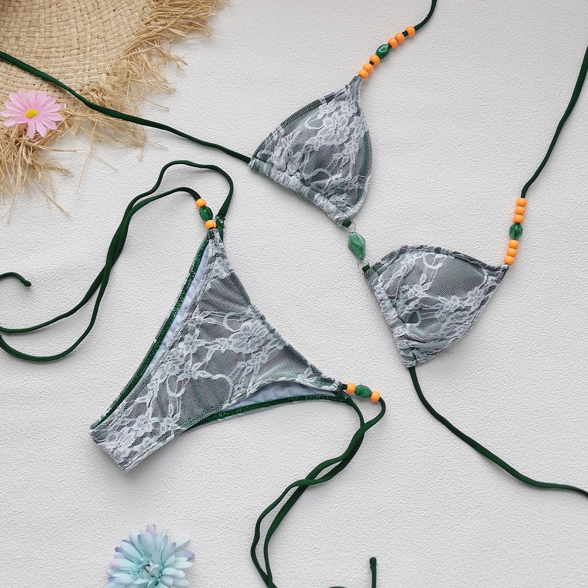 Triangle Halter Bikini with Beaded Straps view 7