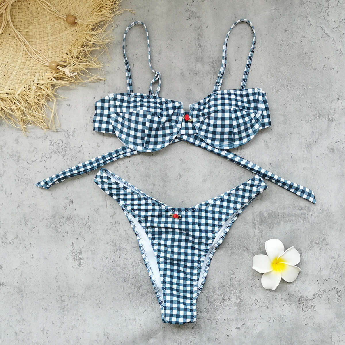 Navy Gingham Balconette Underwire Bikini Set with Tie Back