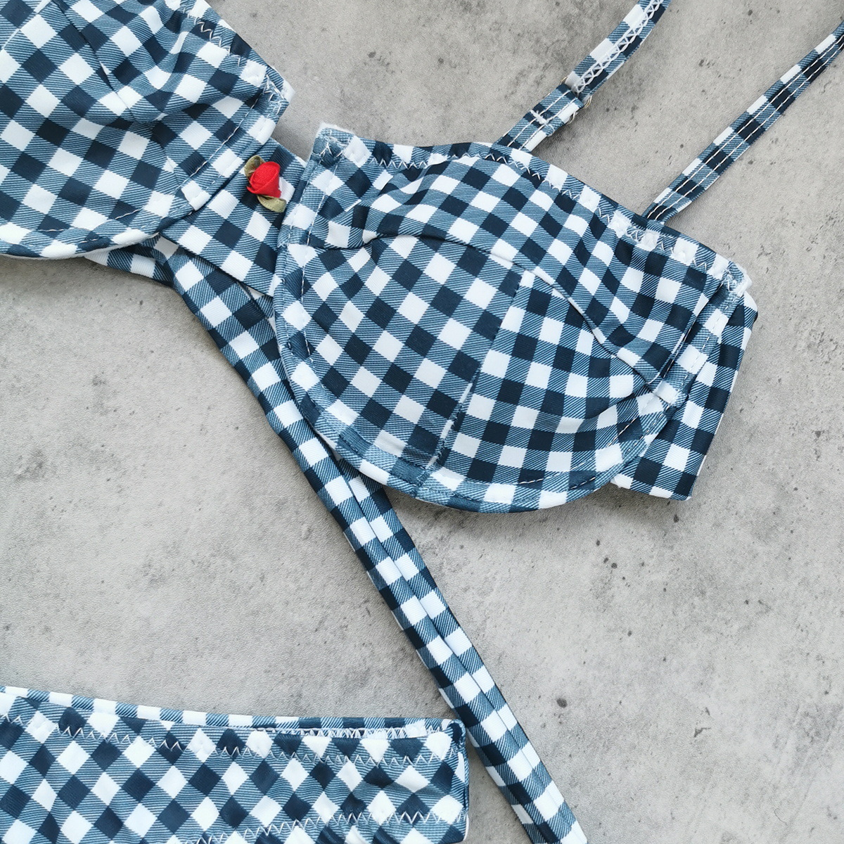 Navy Gingham Balconette Underwire Bikini Set with Tie Back