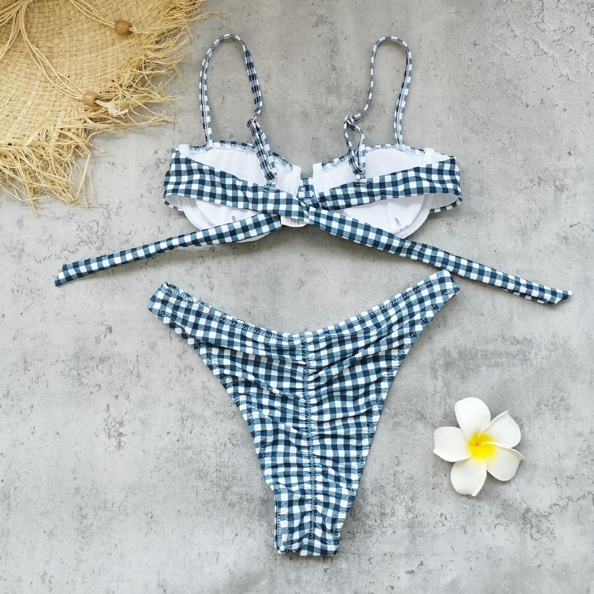 Navy Gingham Balconette Underwire Bikini Set with Tie Back