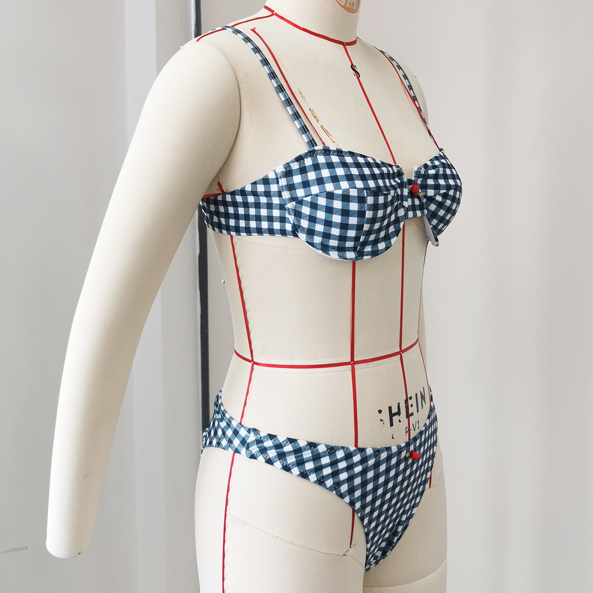 Navy Gingham Balconette Underwire Bikini Set with Tie Back