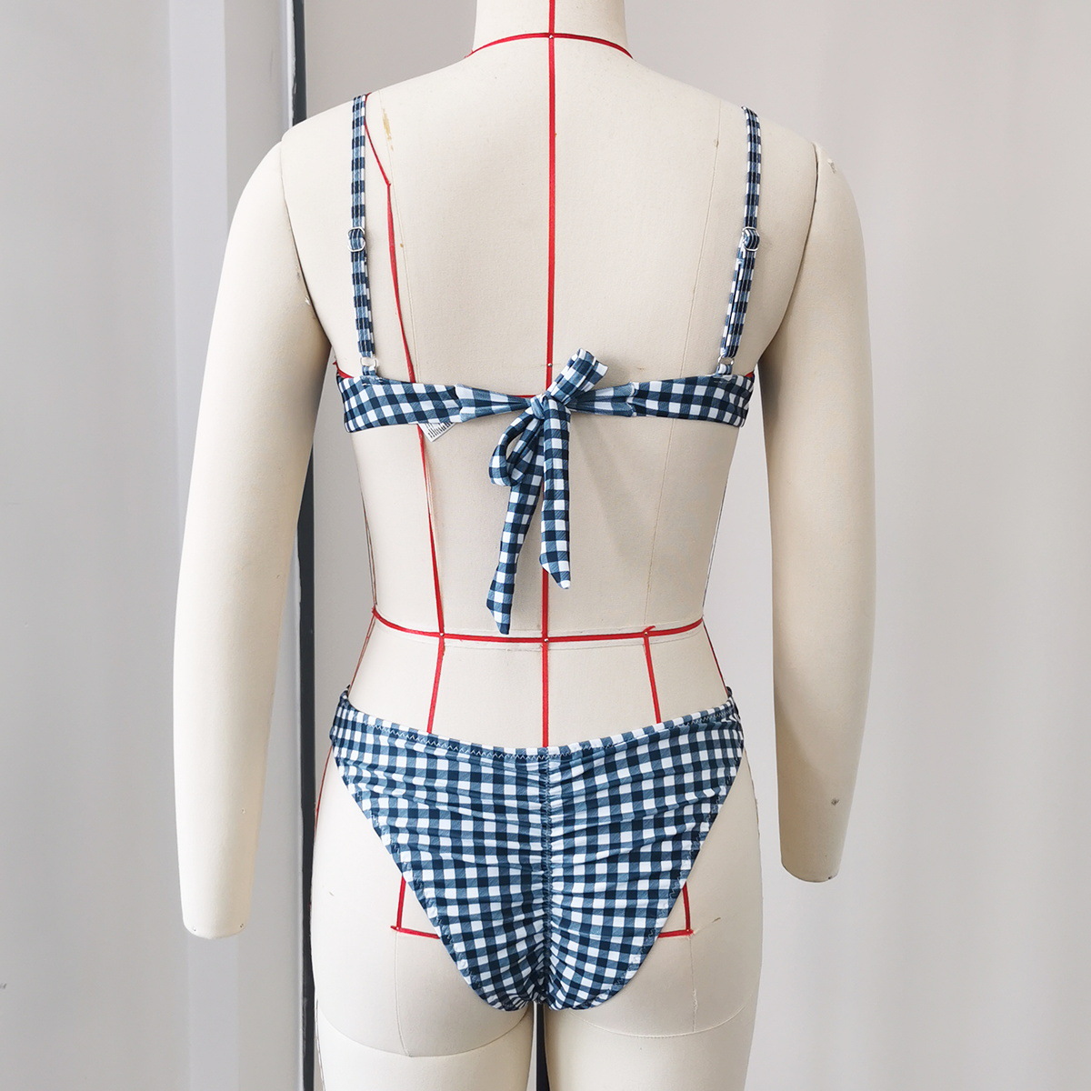 Navy Gingham Balconette Underwire Bikini Set with Tie Back