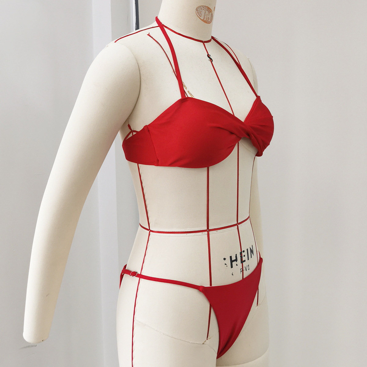 Red Twist-Front Bandeau Halter Bikini Set
