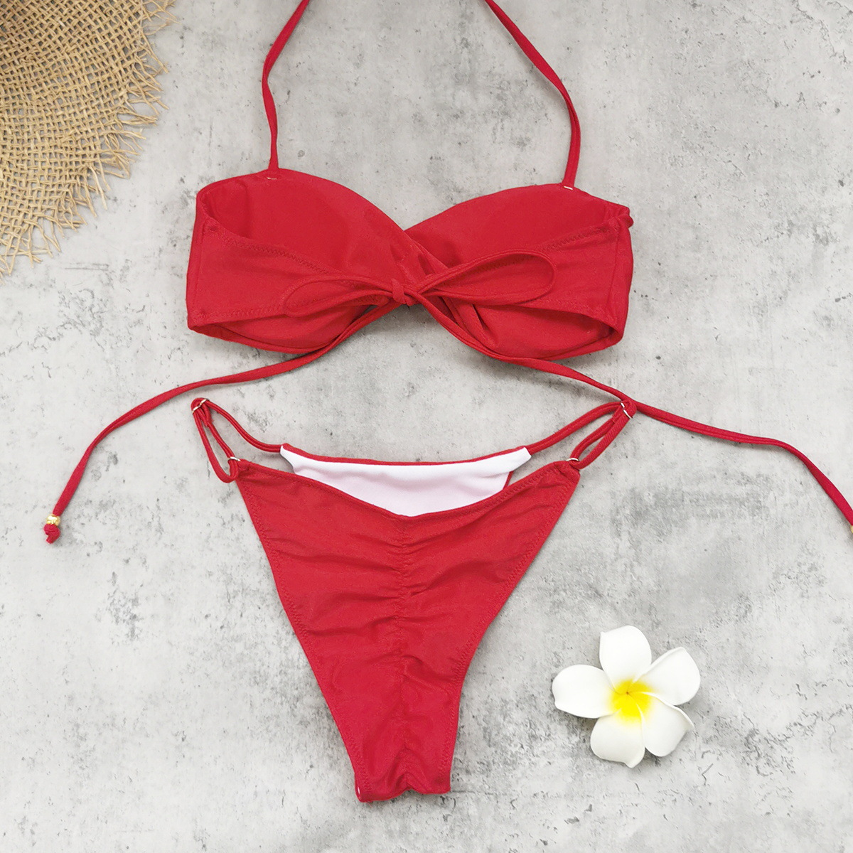 Red Twist-Front Bandeau Halter Bikini Set