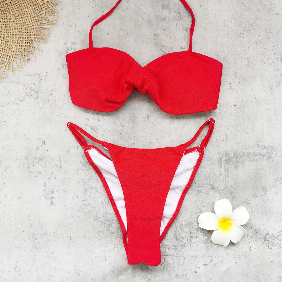 Red Twist-Front Bandeau Halter Bikini Set