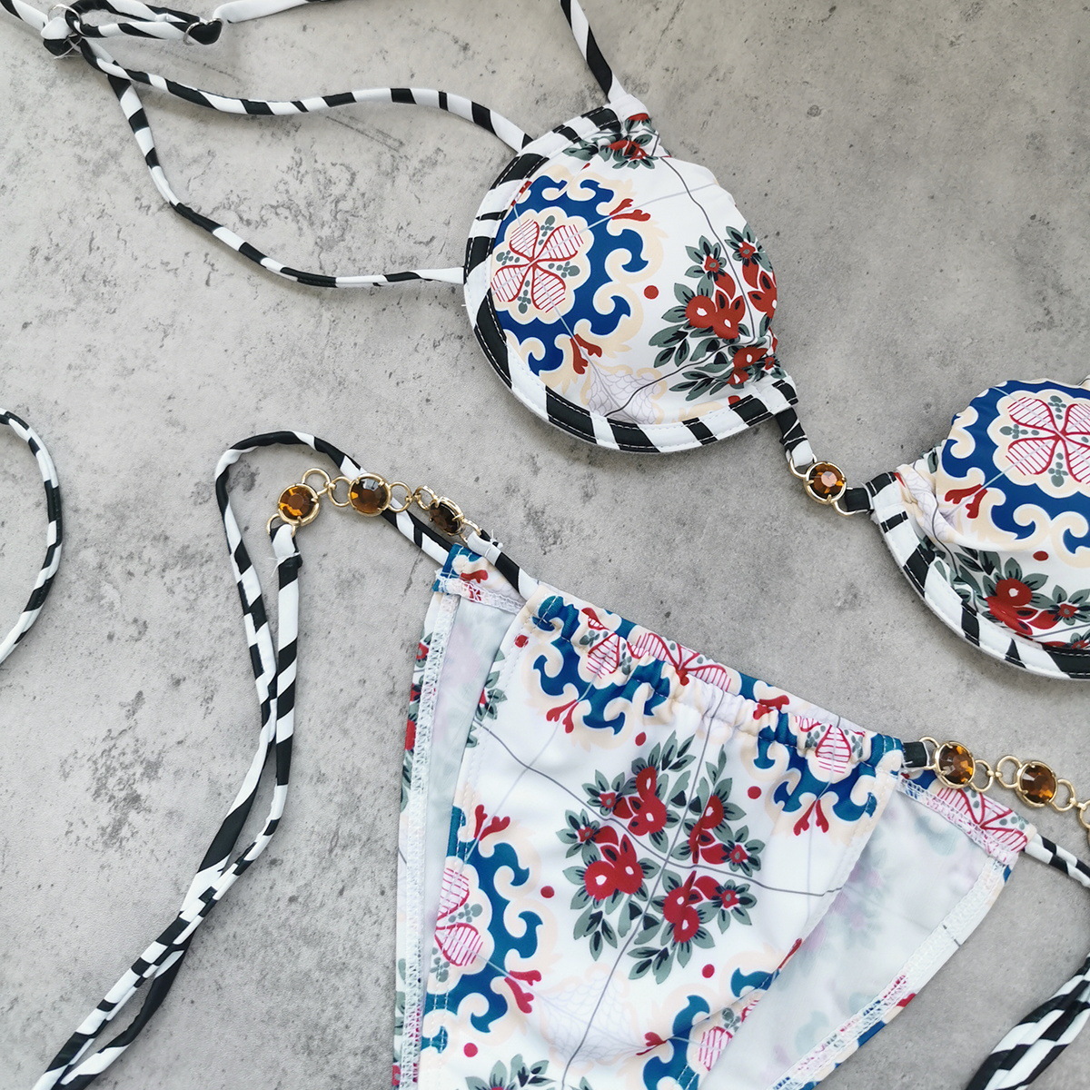 Blue and White Floral Triangle Bikini Set with Jeweled Chain Tie-Side Bottoms