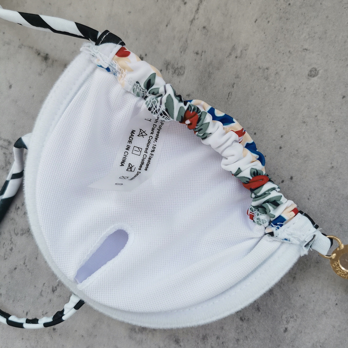Blue and White Floral Triangle Bikini Set with Jeweled Chain Tie-Side Bottoms