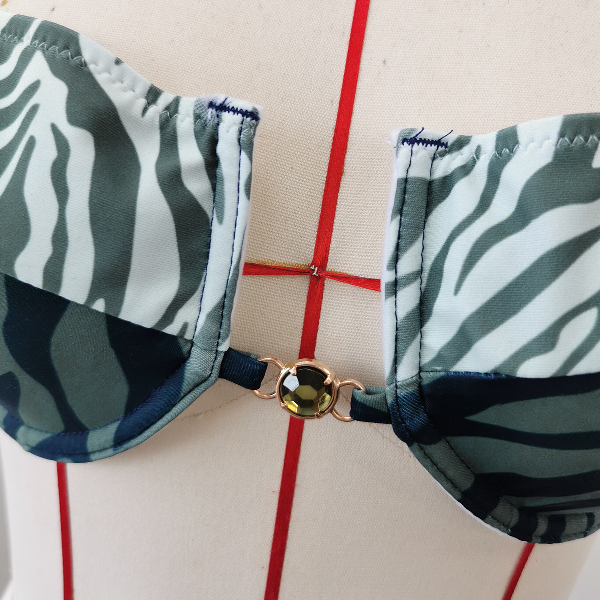 Green Zebra Print Underwire Bikini Set with Beaded Center Clasp