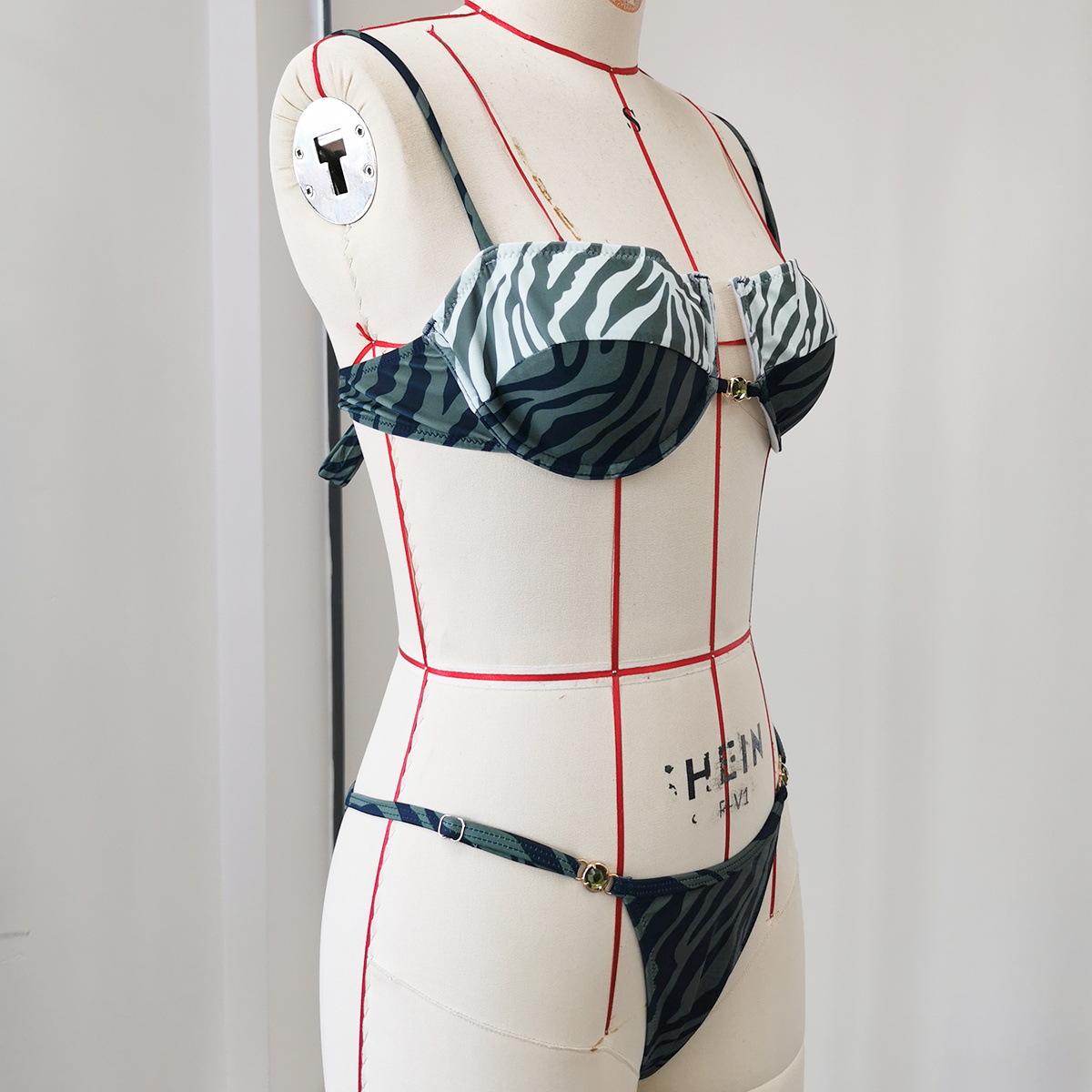 Green Zebra Print Underwire Bikini Set with Beaded Center Clasp