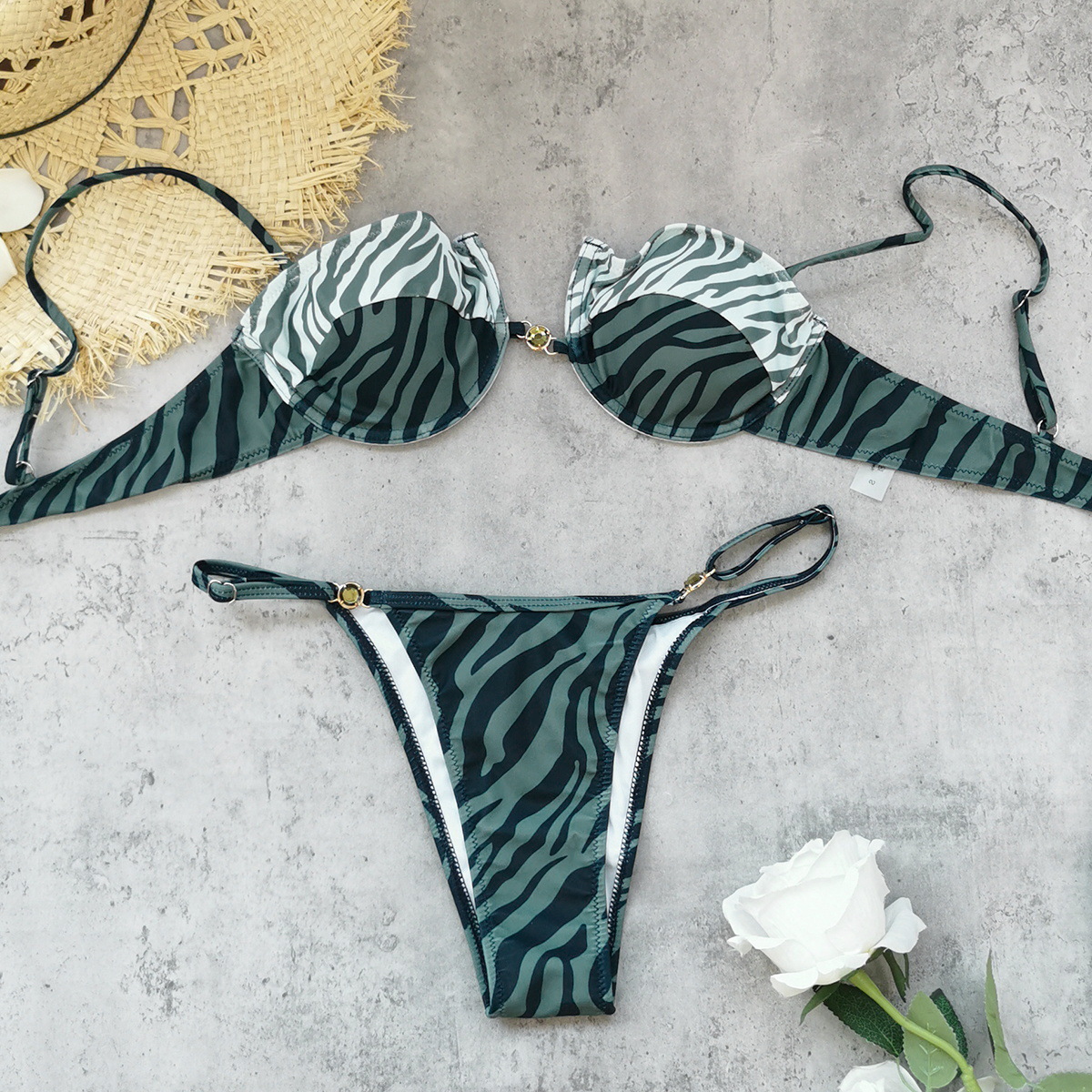 Green Zebra Print Underwire Bikini Set with Beaded Center Clasp
