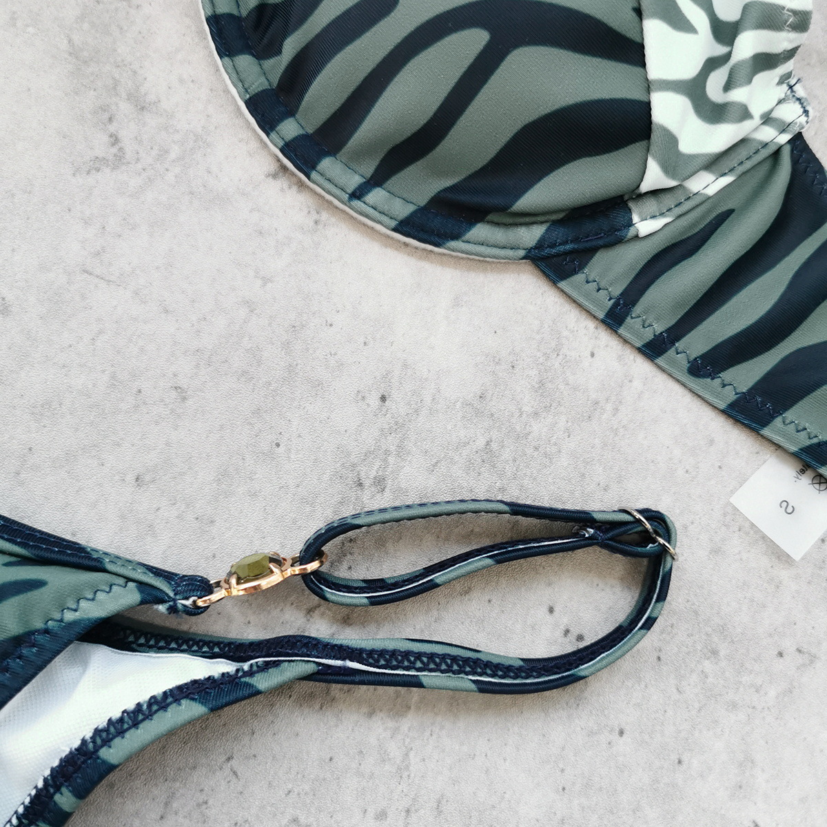 Green Zebra Print Underwire Bikini Set with Beaded Center Clasp