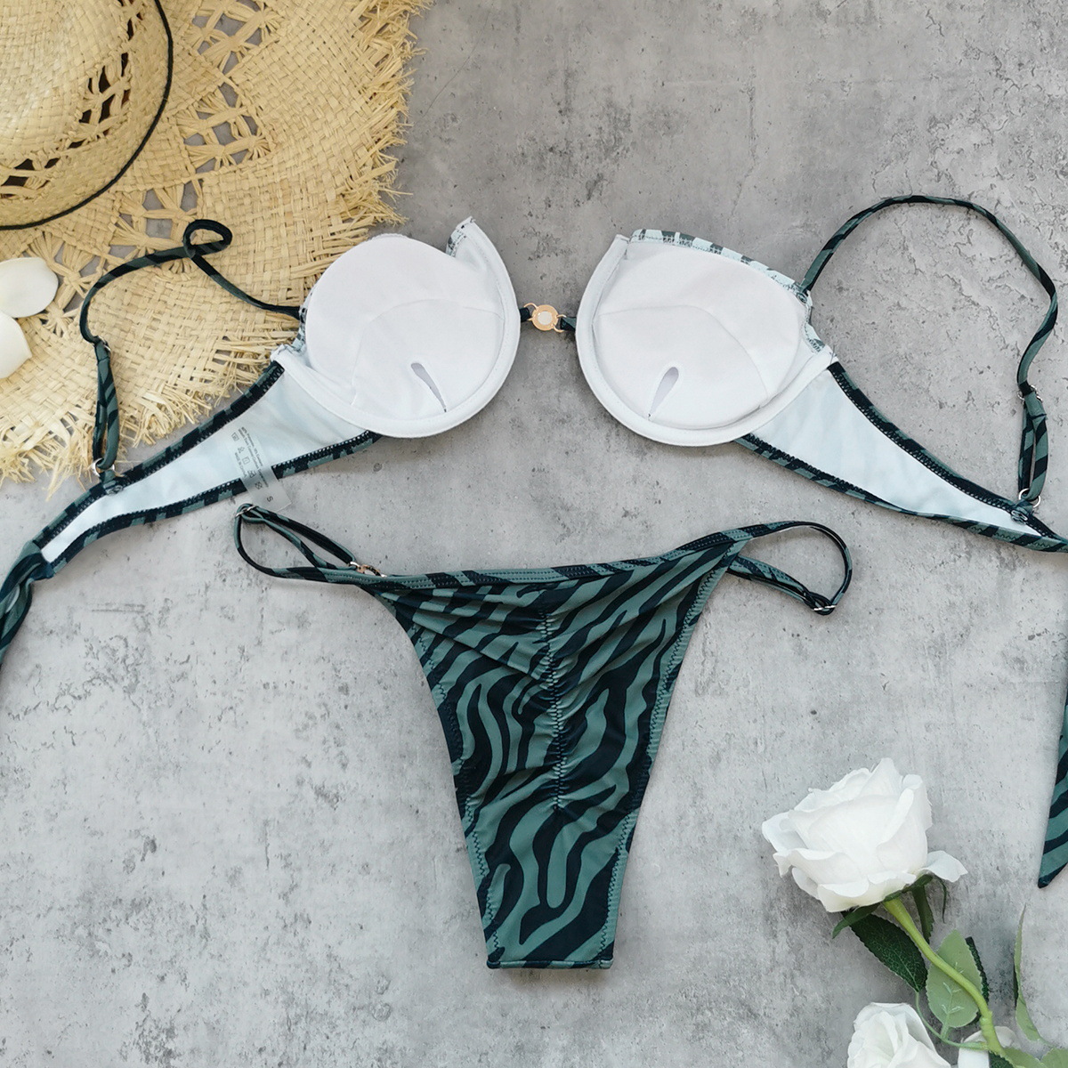 Green Zebra Print Underwire Bikini Set with Beaded Center Clasp