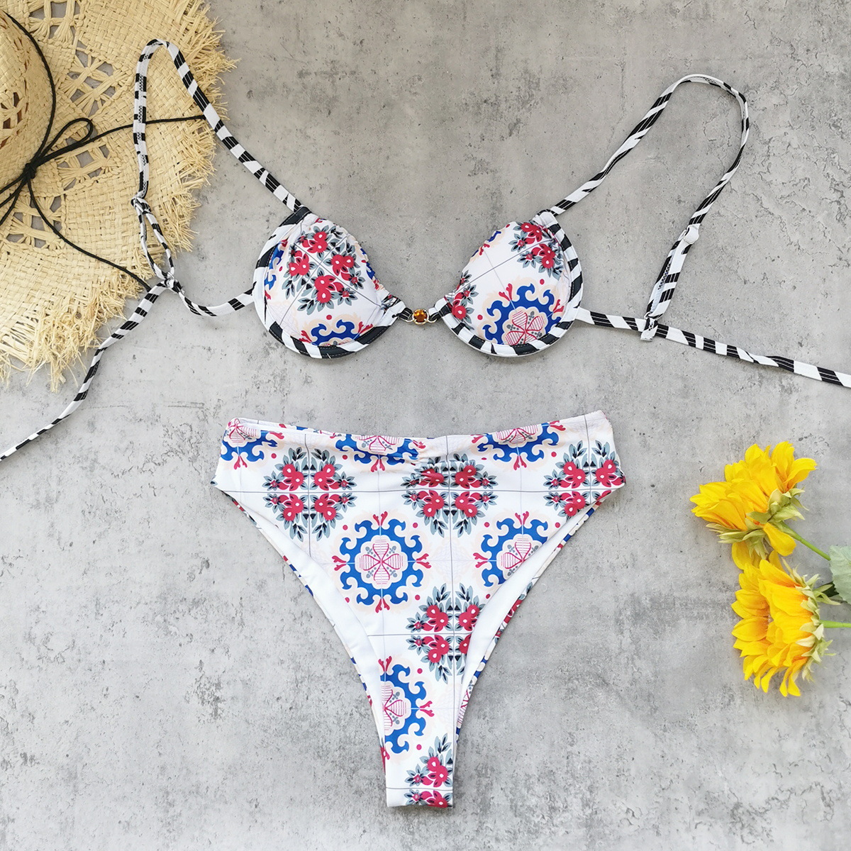 White Floral Print High Waist Triangle Bikini Set