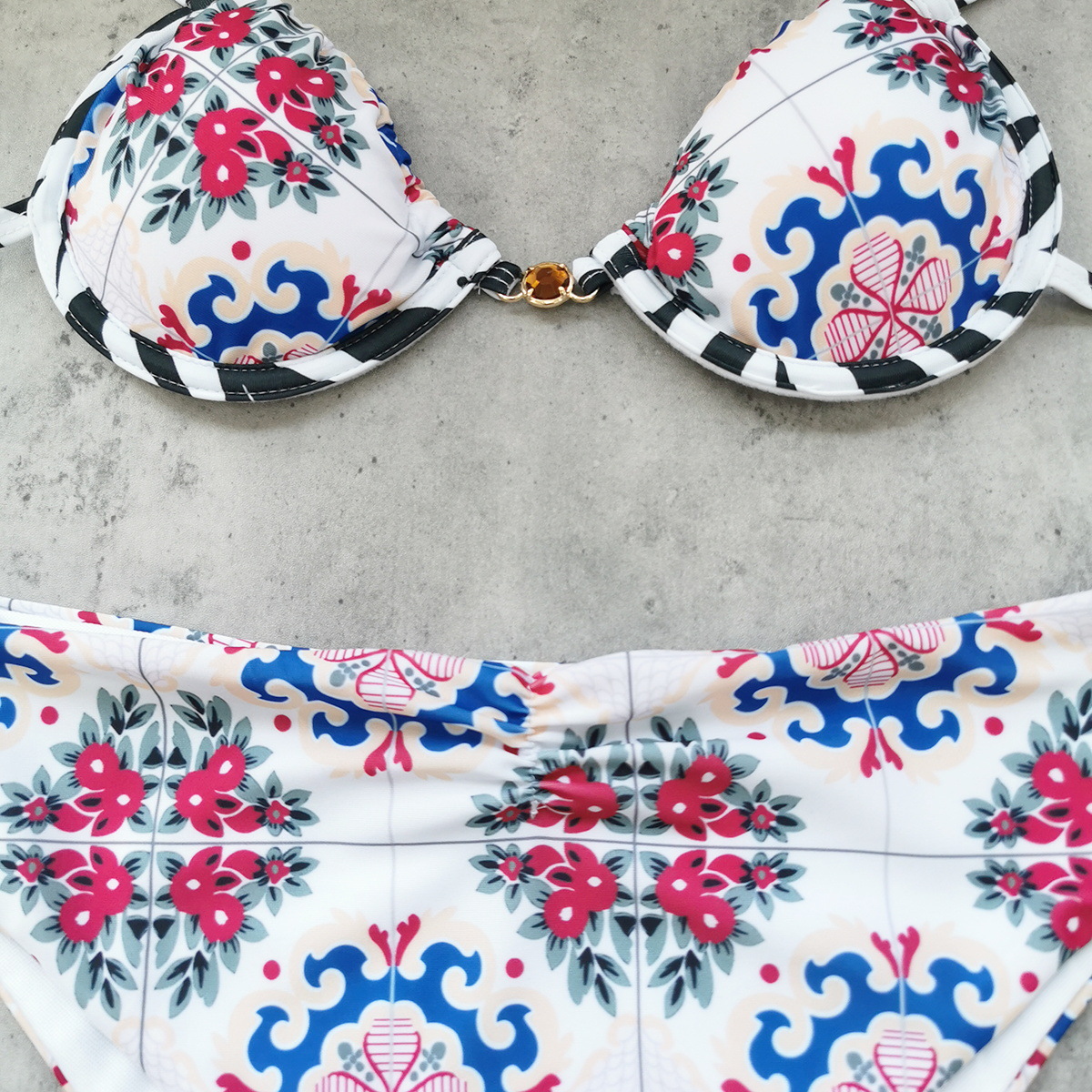 White Floral Print High Waist Triangle Bikini Set