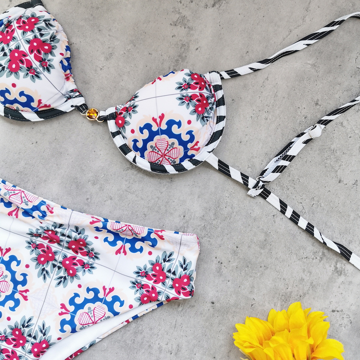White Floral Print High Waist Triangle Bikini Set
