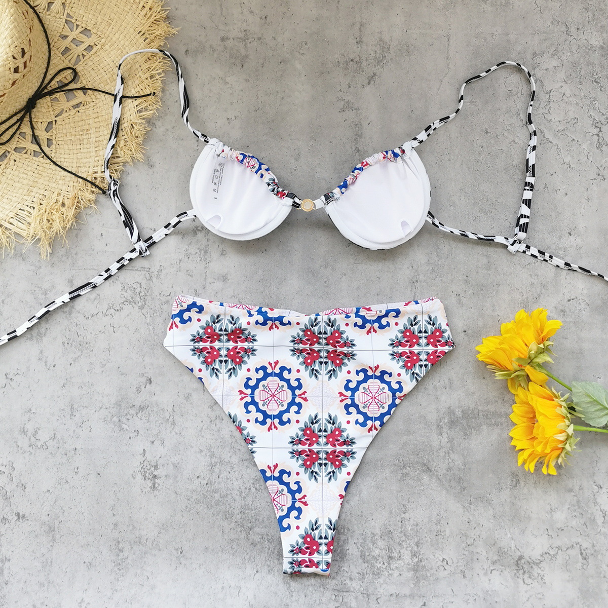 White Floral Print High Waist Triangle Bikini Set