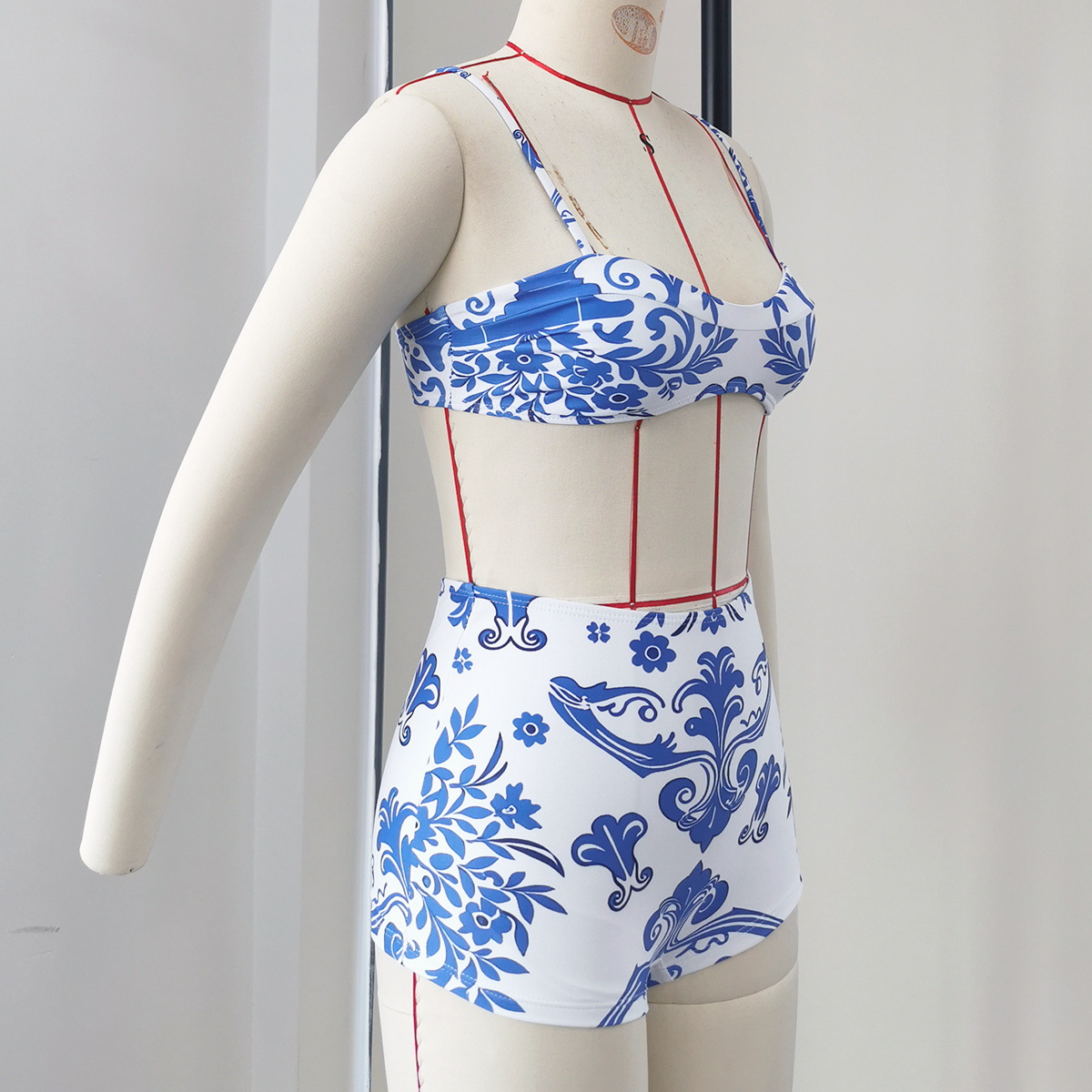 Blue and White Floral Bikini Swimsuit with High-Waisted Bottoms