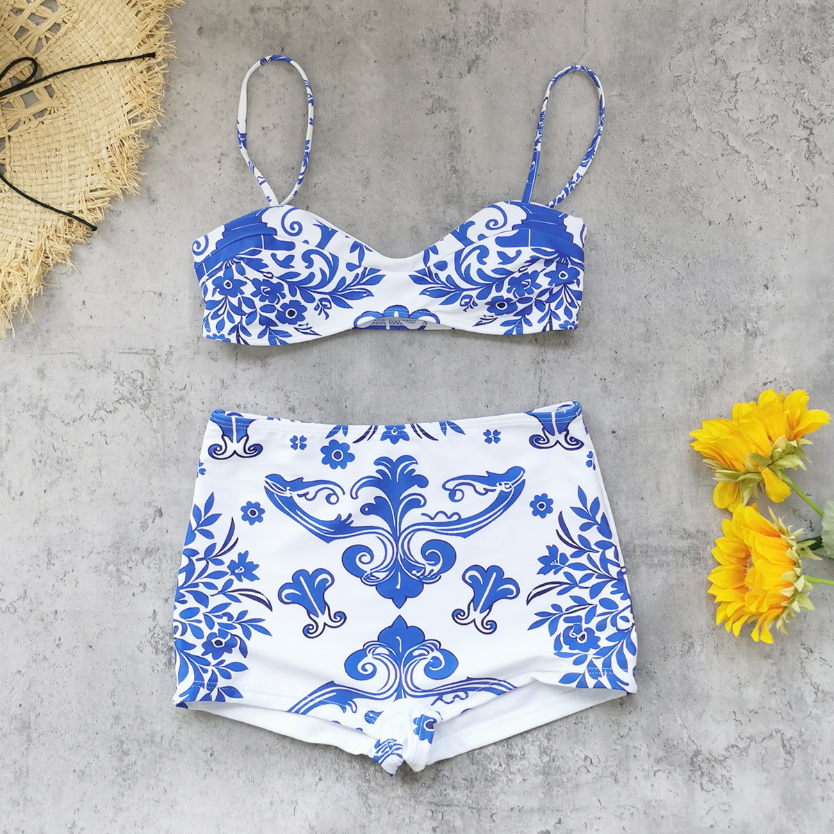Blue and White Floral Bikini Swimsuit with High-Waisted Bottoms