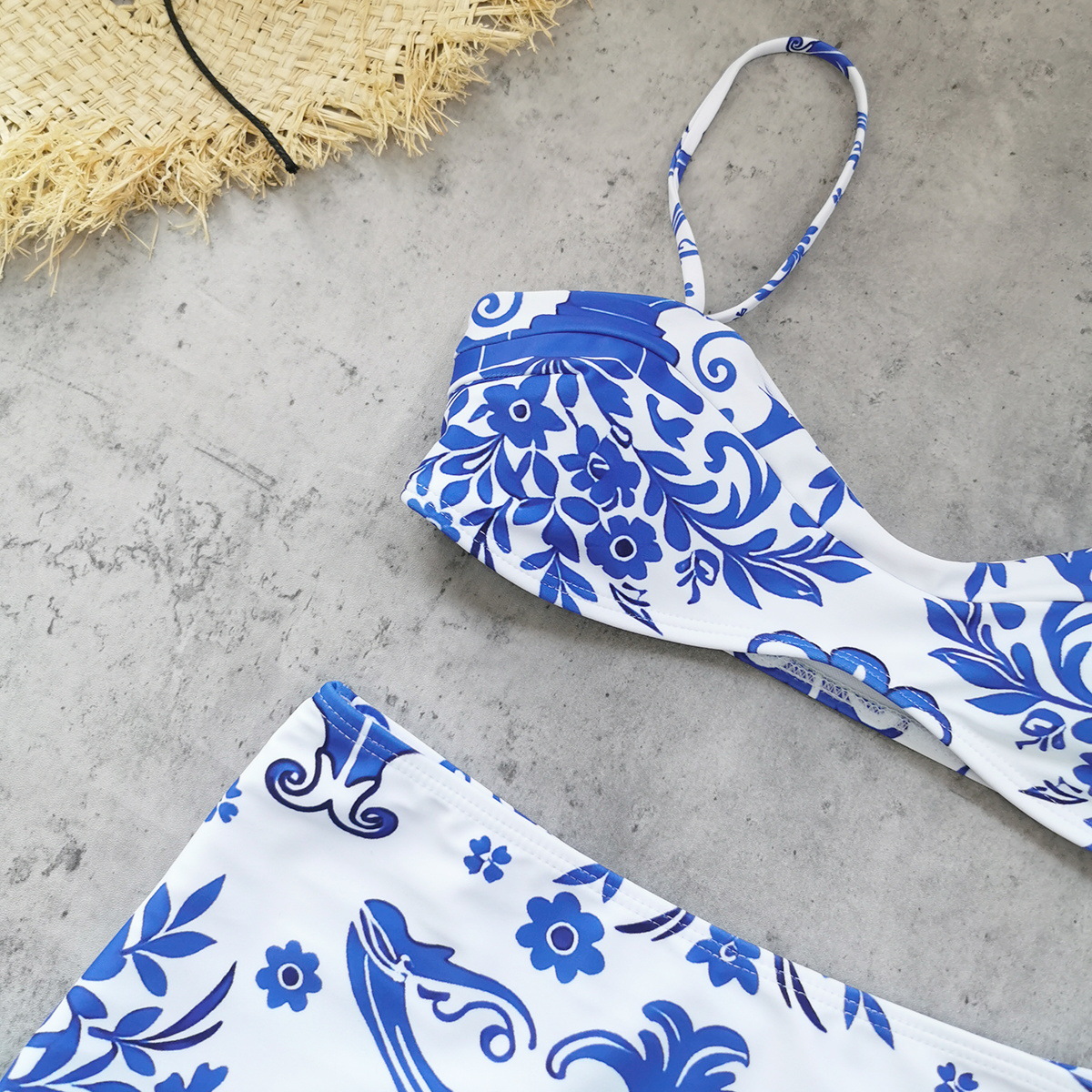 Blue and White Floral Bikini Swimsuit with High-Waisted Bottoms