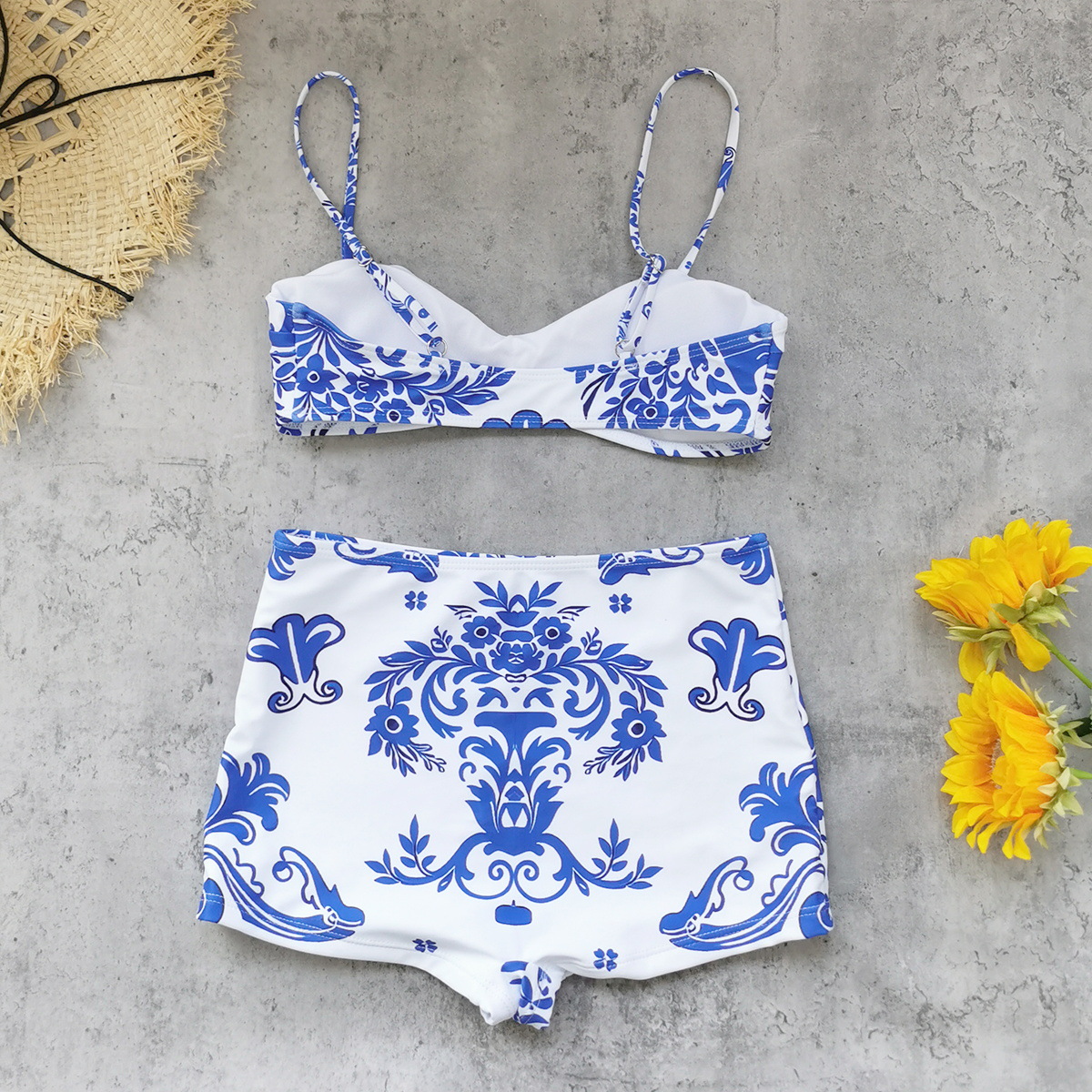 Blue and White Floral Bikini Swimsuit with High-Waisted Bottoms