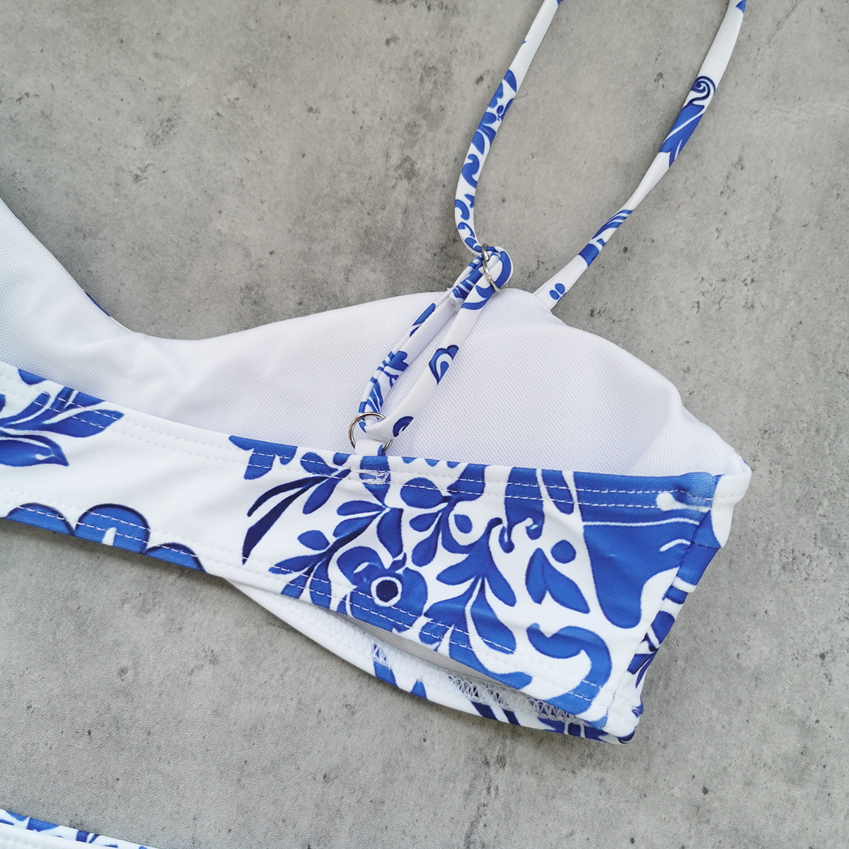 Blue and White Floral Bikini Swimsuit with High-Waisted Bottoms