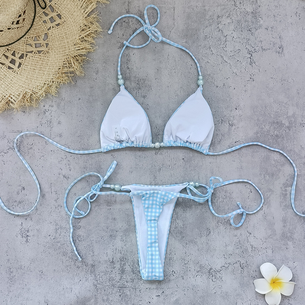 Light Blue Gingham Triangle Halter Bikini Set with Pearl Bead Trim