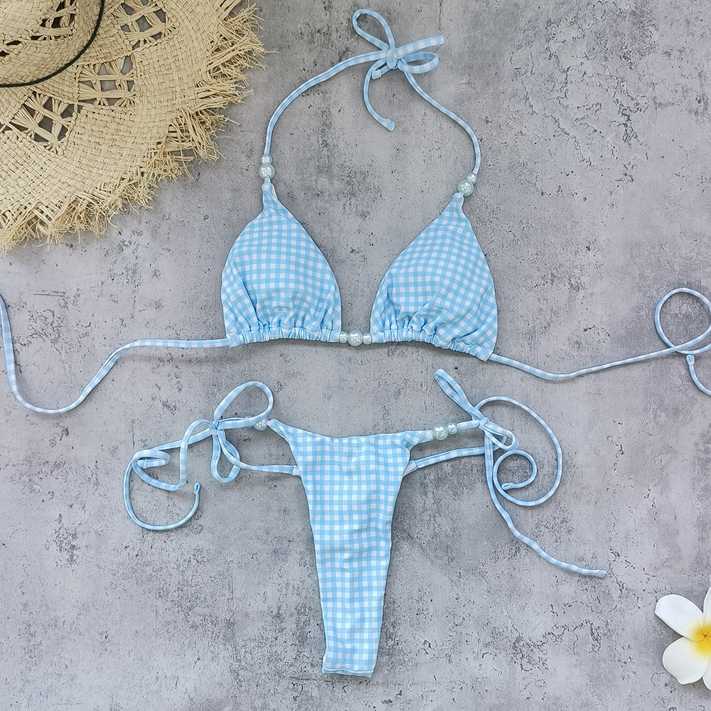 Light Blue Gingham Triangle Halter Bikini Set with Pearl Bead Trim