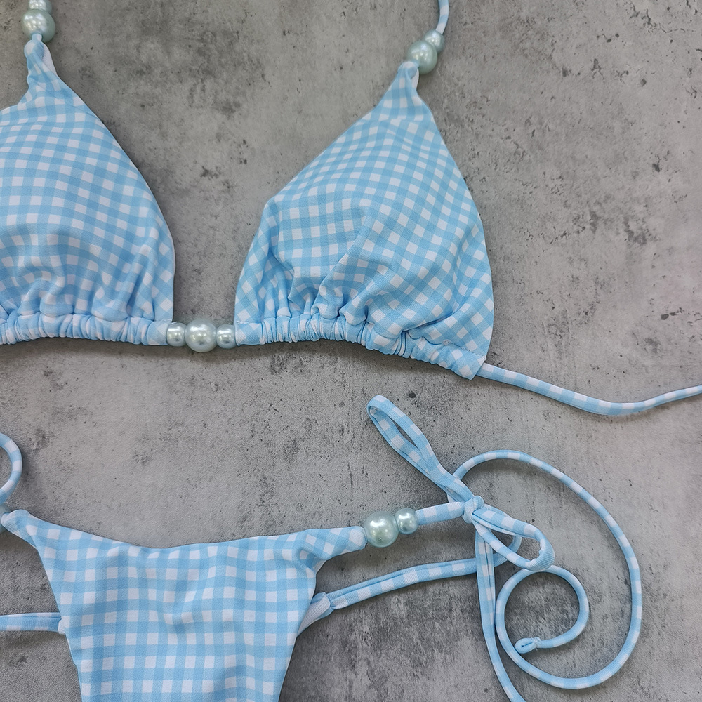 Light Blue Gingham Triangle Halter Bikini Set with Pearl Bead Trim