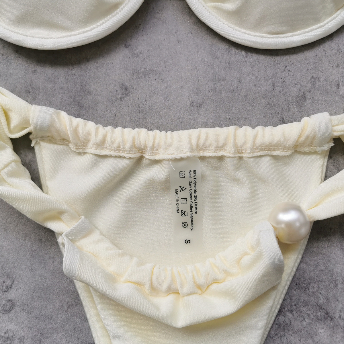 Cream Yellow Ruched Underwire Bikini Set with Pearl Detail