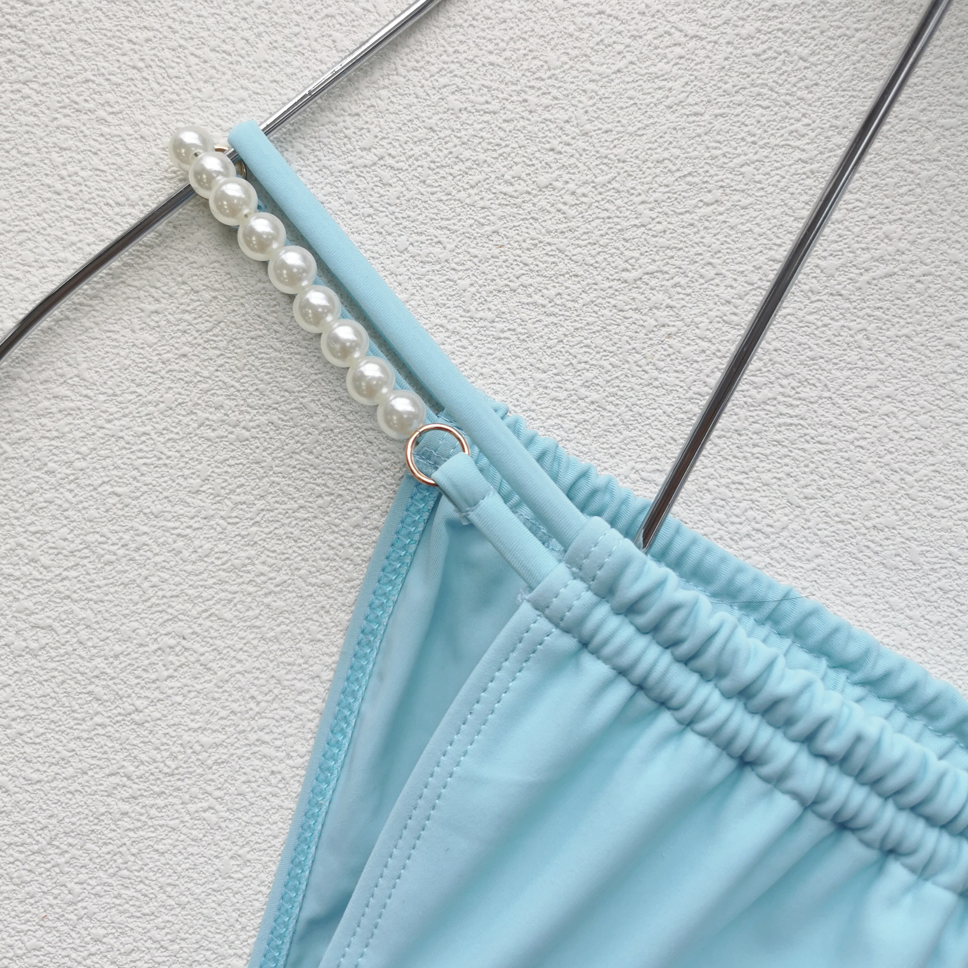 Sky Blue Pearl Strap Triangle Bikini Set with Tie-Side Bottoms