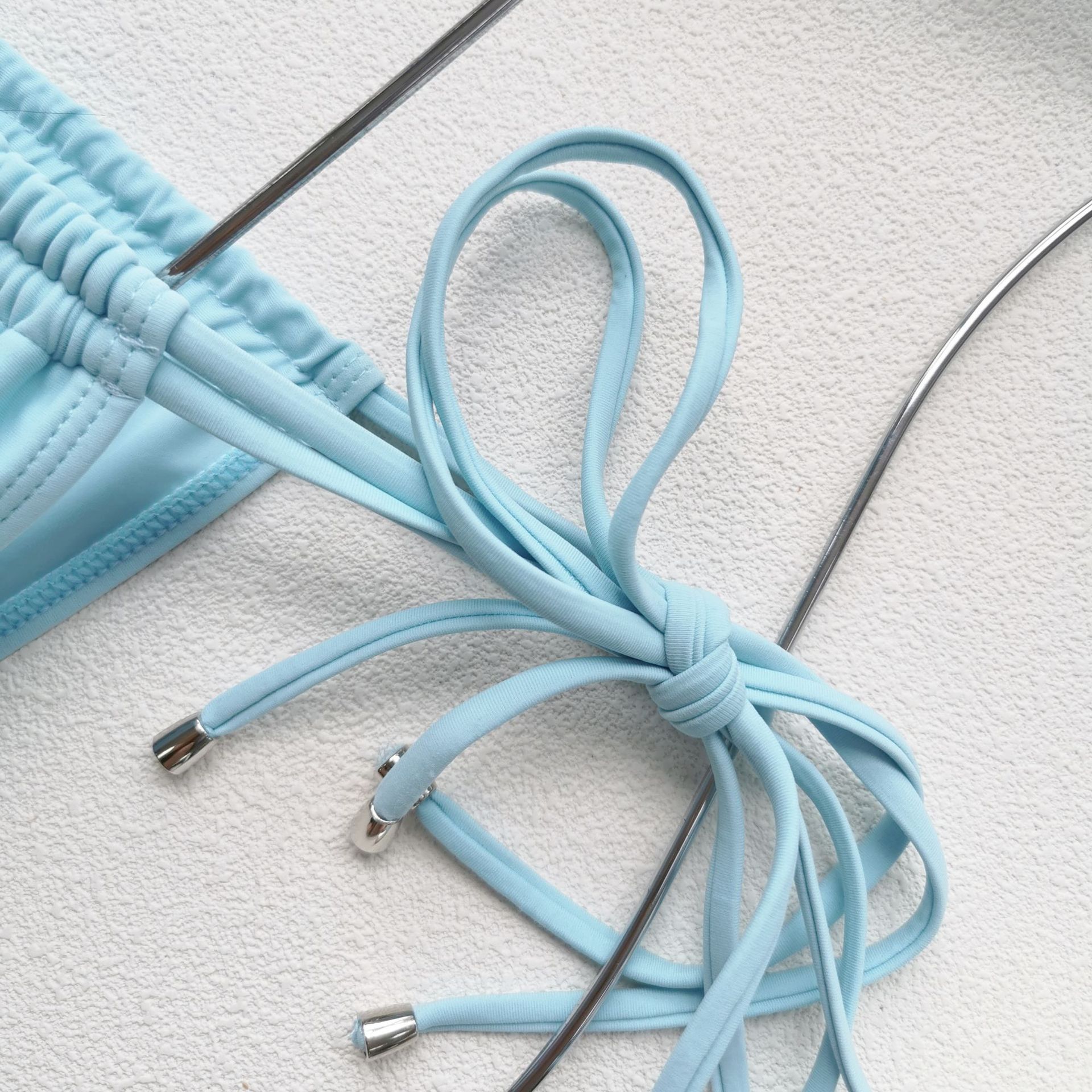 Sky Blue Pearl Strap Triangle Bikini Set with Tie-Side Bottoms
