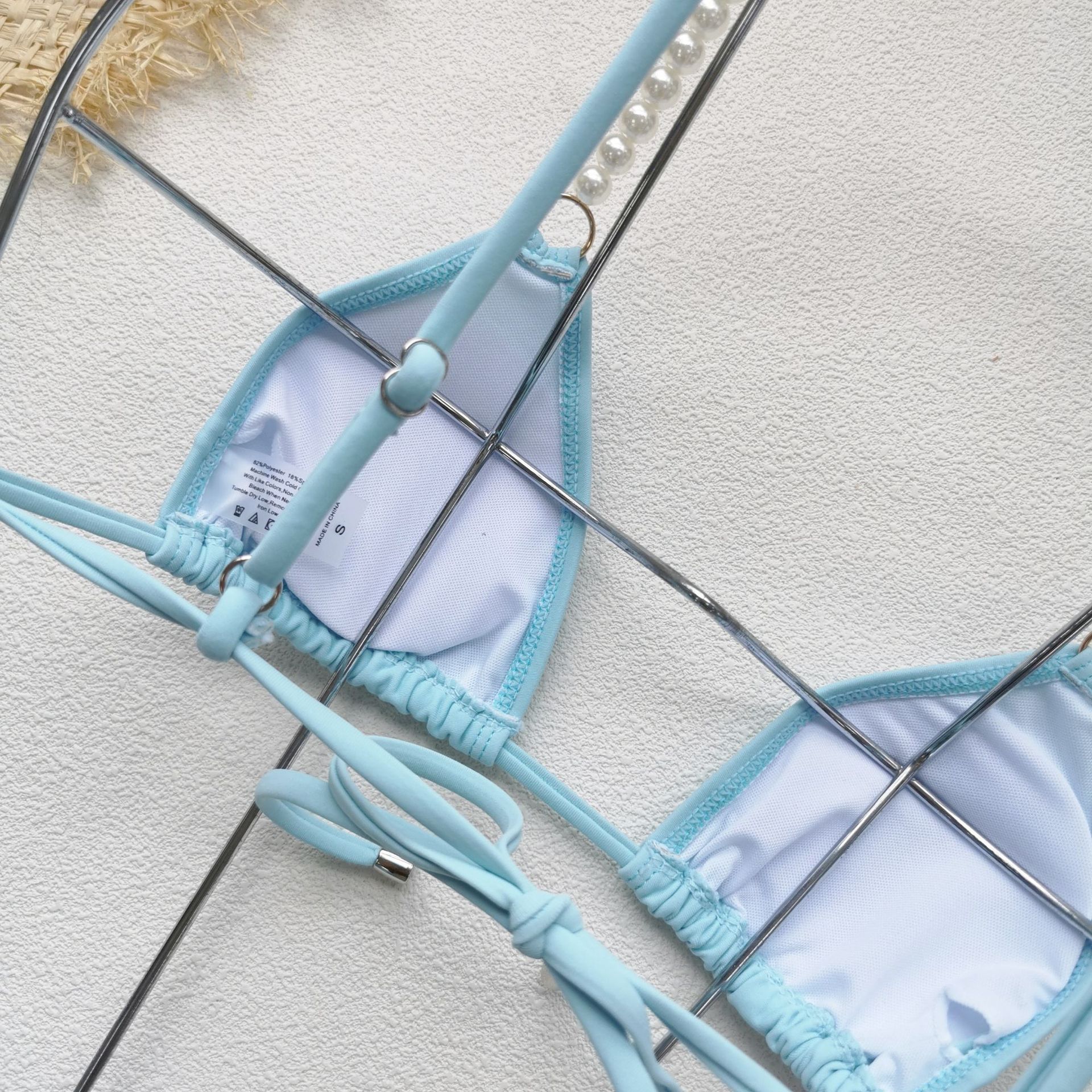 Sky Blue Pearl Strap Triangle Bikini Set with Tie-Side Bottoms