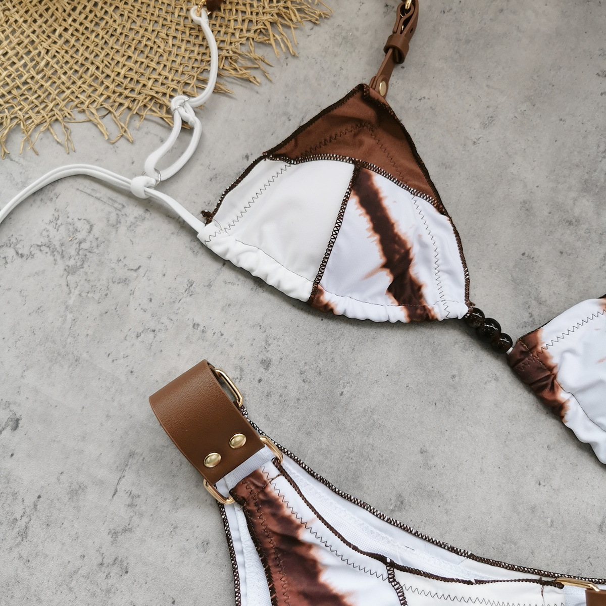 Brown Tie Dye Triangle Bikini Set with Buckle Strap Details