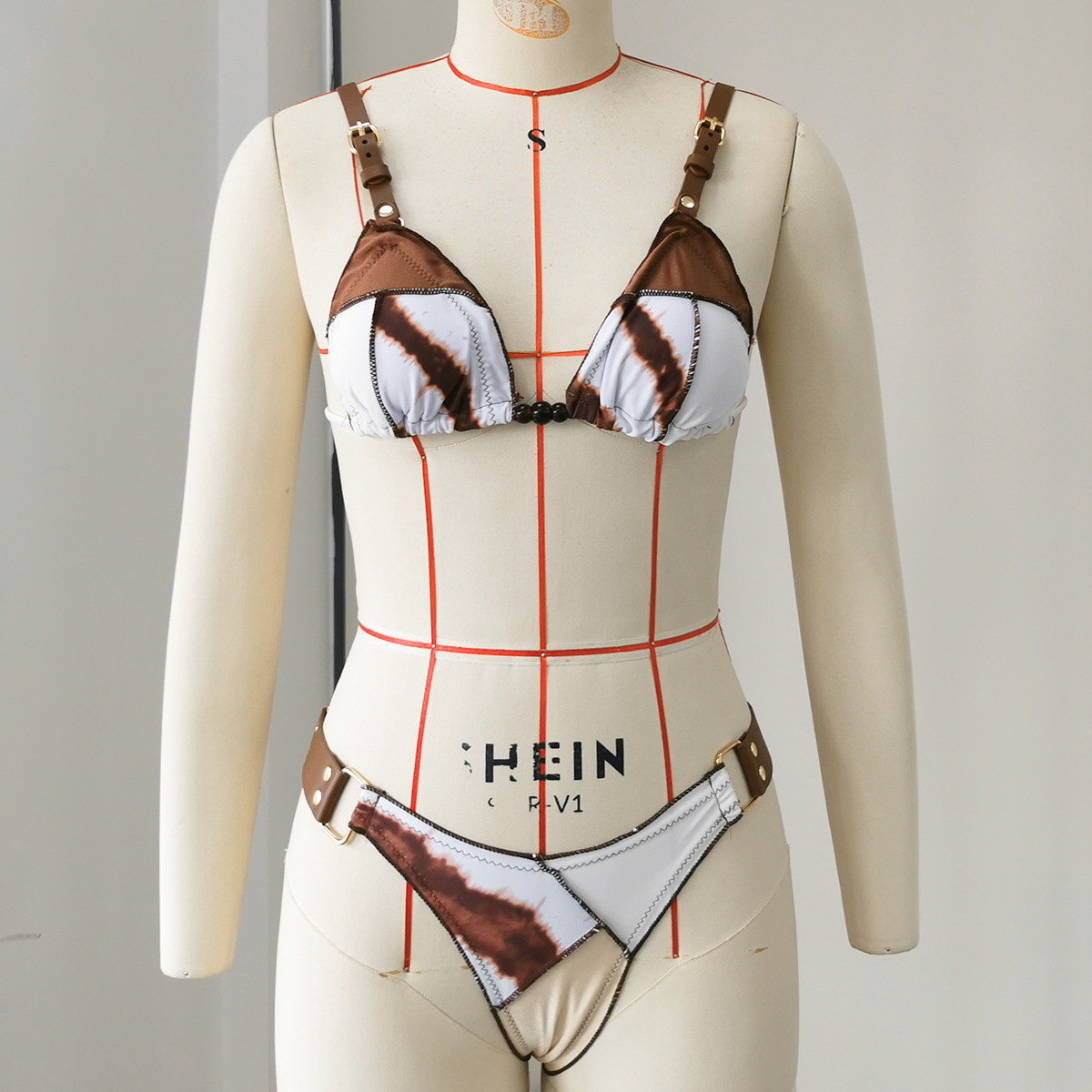 Brown Tie Dye Triangle Bikini Set with Buckle Strap Details