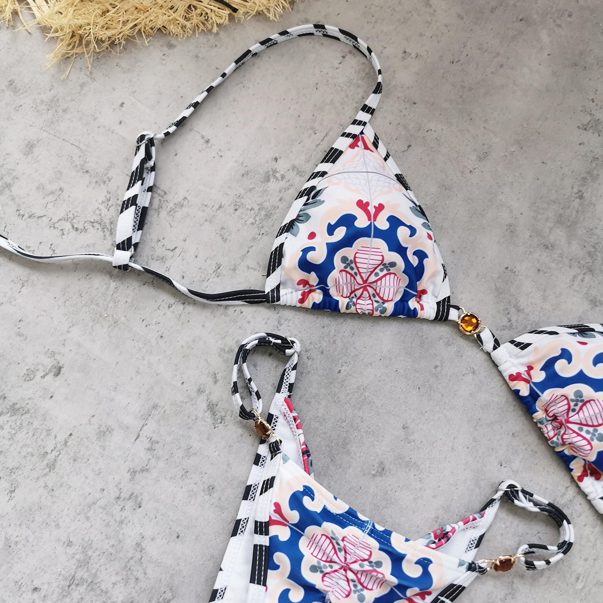 Blue Floral Print Triangle Bikini Set with Halter Neck