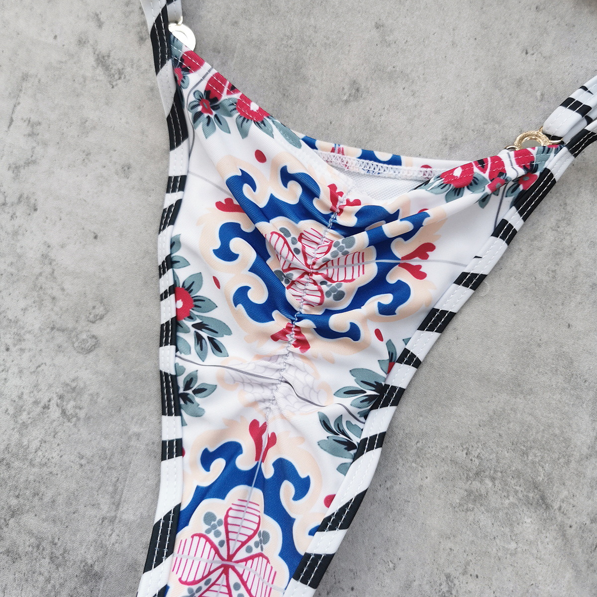 Blue Floral Print Triangle Bikini Set with Halter Neck