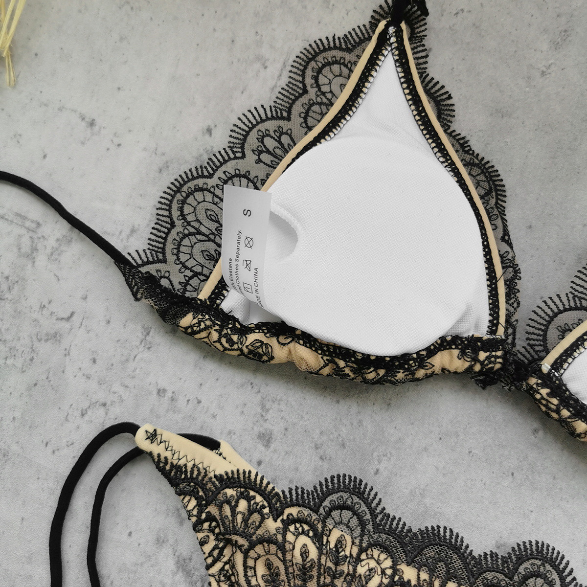 Black Lace Triangle Halter Bikini Set with Tie-Side Bottoms