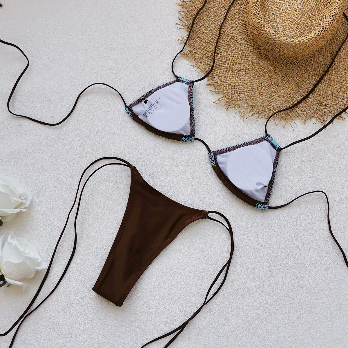 Lace Trim Halter Triangle Bikini Set with Tie Side Bottom