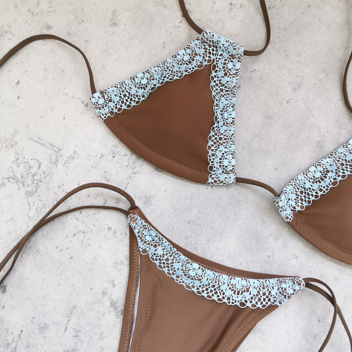 Lace Trim Halter Triangle Bikini Set with Tie Side Bottom
