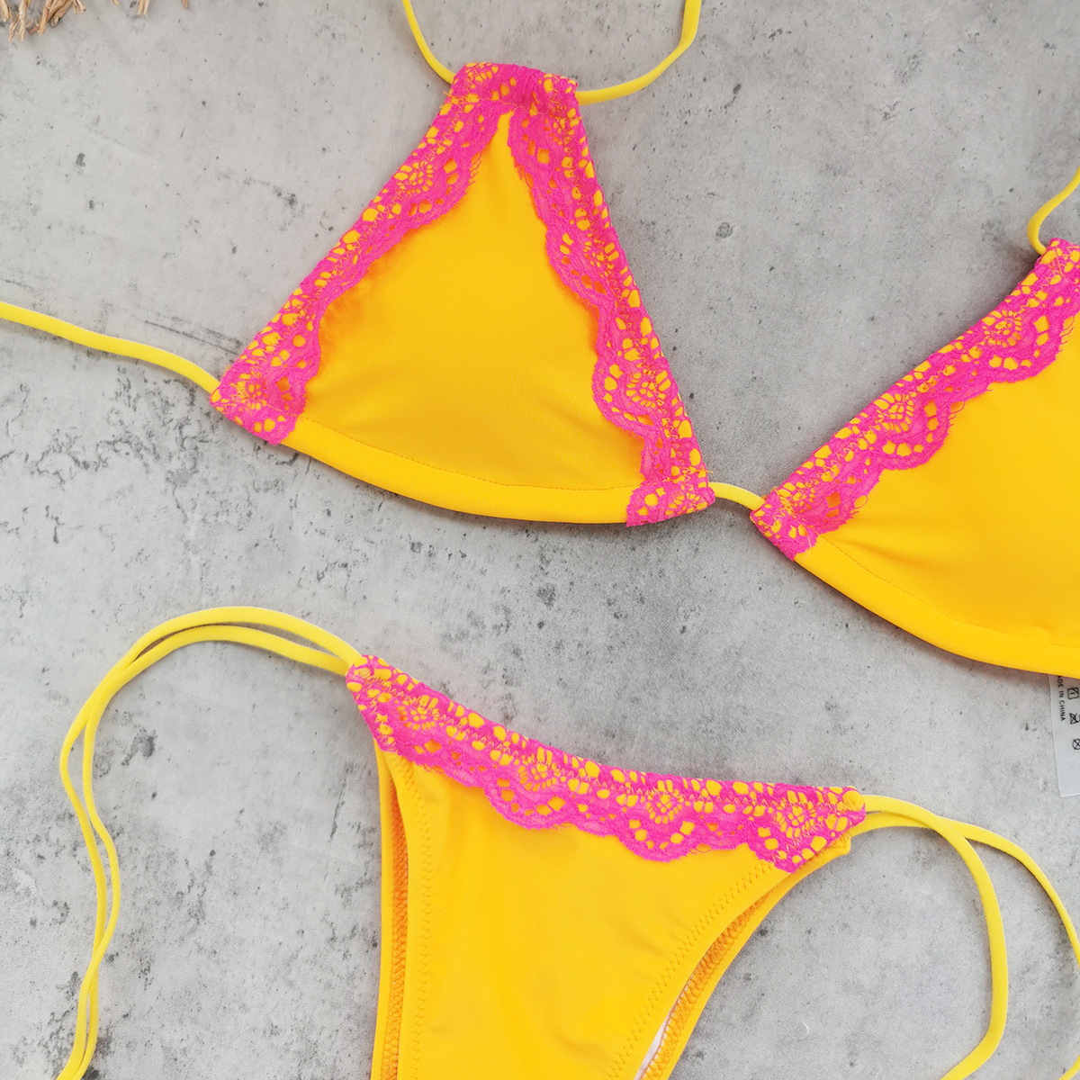 Lace Trim Halter Triangle Bikini Set with Tie Side Bottom